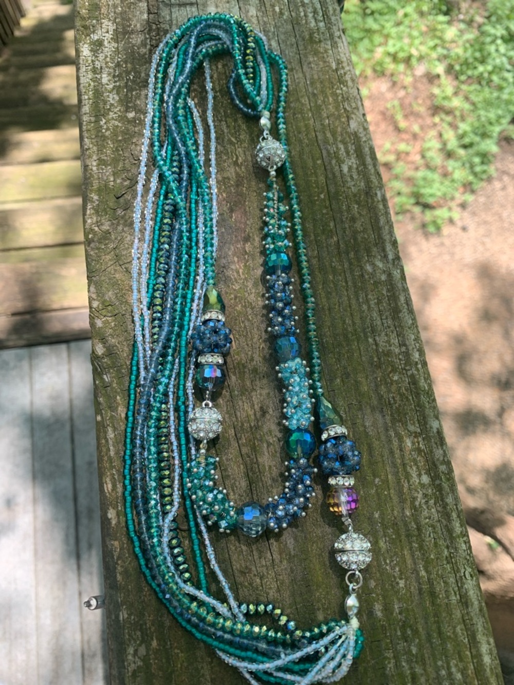 Elegant Multistrand Blue and Green (silver) Beaded Necklace and bracelet